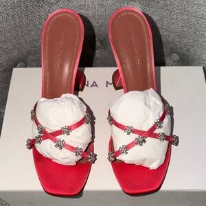 Amina Muaddi LILY SLIPPER Hot Pink Satin w/Crystal Flowers High Heel Mules